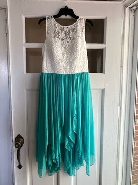 B Darlin White Lace Top Teal Chiffon Girls' Dress